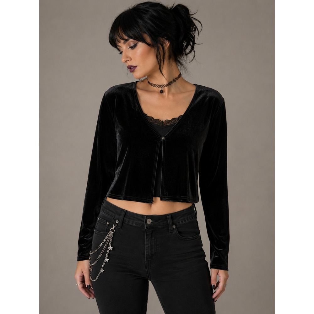 Black Velour Crop Cardigan 90s Goth Punk Skater Grunge Whimsigoth XL